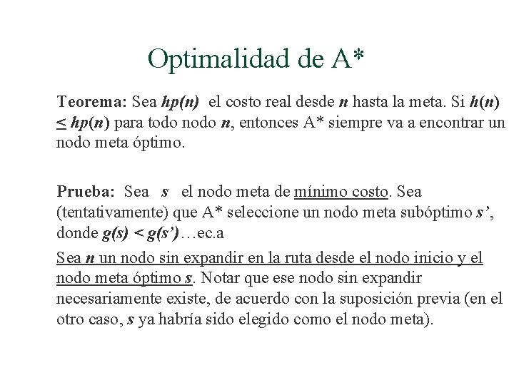 Optimalidad de A* Teorema: Sea hp(n) el costo real desde n hasta la meta.