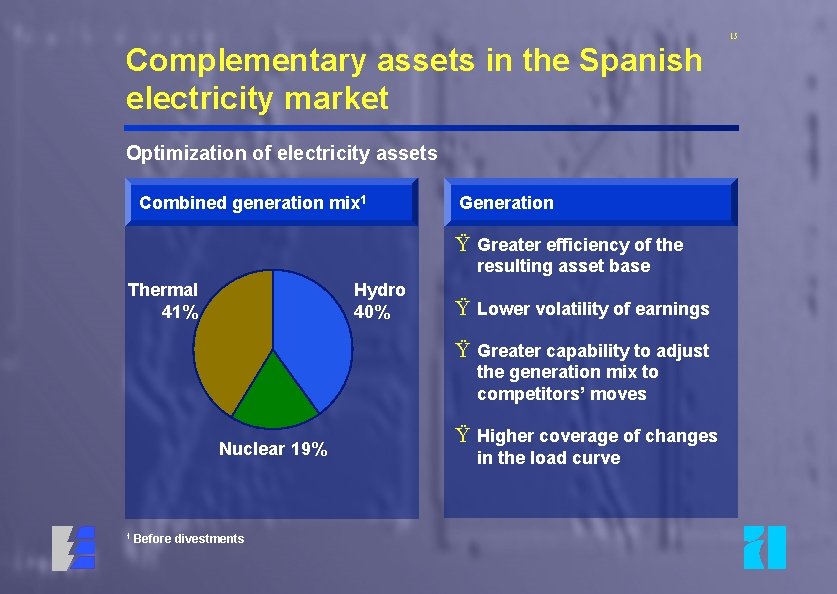 15 Complementary assets in the Spanish electricity market Optimization of electricity assets Combined generation