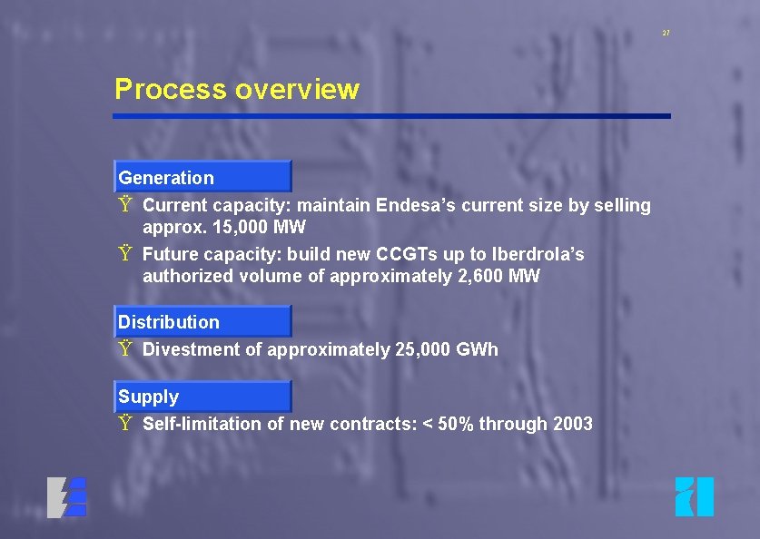 27 Process overview Generation Ÿ Current capacity: maintain Endesa’s current size by selling approx.