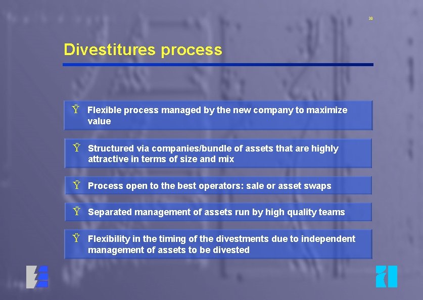 30 Divestitures process Ÿ Flexible process managed by the new company to maximize value