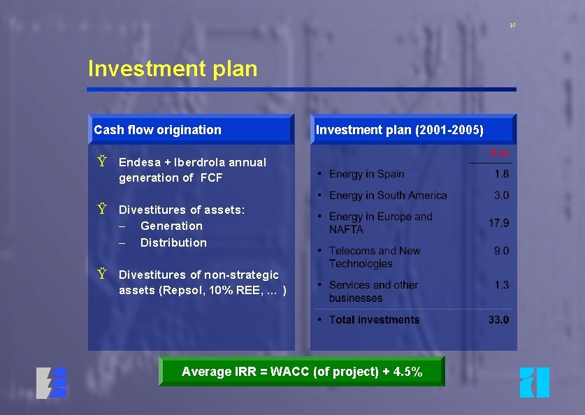 37 Investment plan Cash flow origination Investment plan (2001 -2005) Ÿ Endesa + Iberdrola