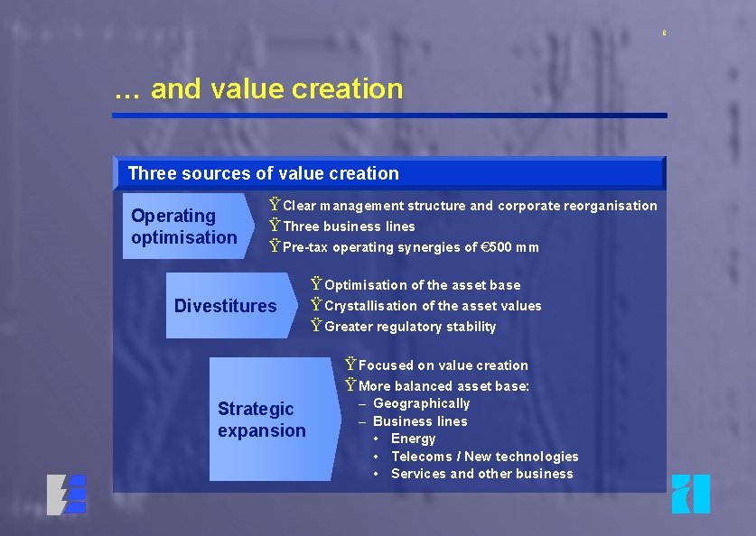 8 … and value creation Three sources of value creation Operating optimisation Ÿ Clear