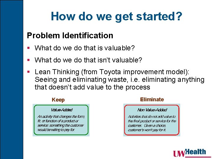 How do we get started? Problem Identification § What do we do that is