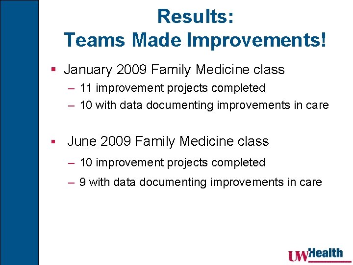 Results: Teams Made Improvements! § January 2009 Family Medicine class – 11 improvement projects