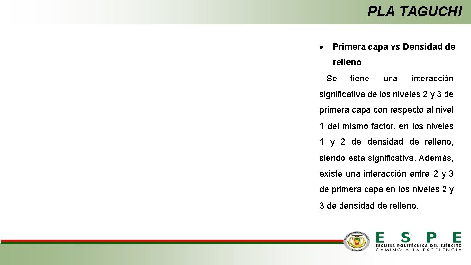 PLA TAGUCHI Primera capa vs Densidad de relleno Se tiene una interacción significativa de