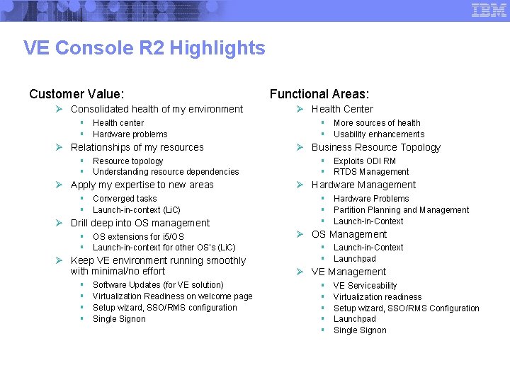 VE Console R 2 Highlights Customer Value: Functional Areas: Ø Consolidated health of my