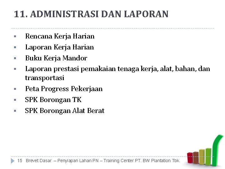 11. ADMINISTRASI DAN LAPORAN § § § § Rencana Kerja Harian Laporan Kerja Harian