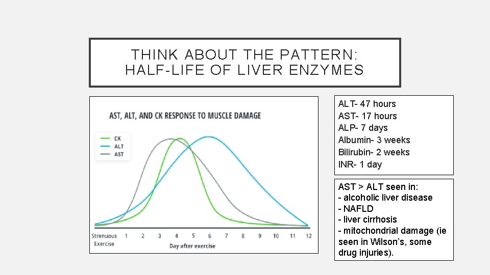 THINK ABOUT THE PATTERN: HALF-LIFE OF LIVER ENZYMES ALT- 47 hours AST- 17 hours