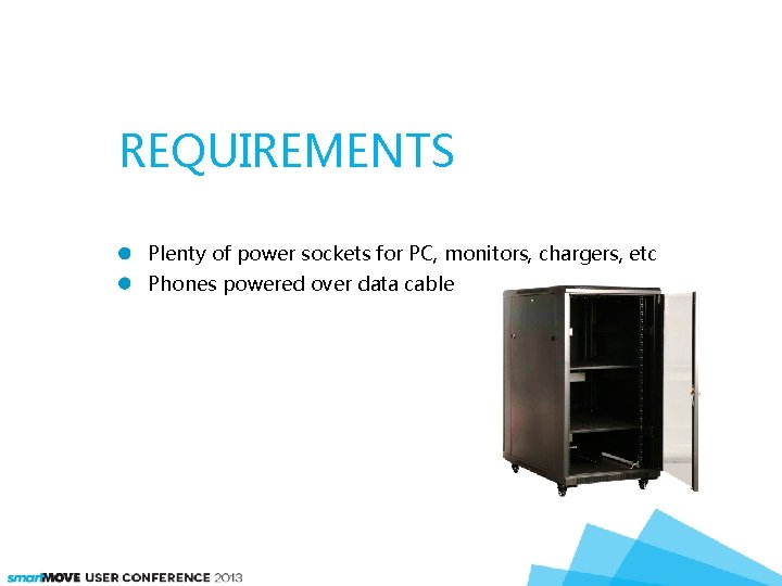 REQUIREMENTS Plenty of power sockets for PC, monitors, chargers, etc Phones powered over data