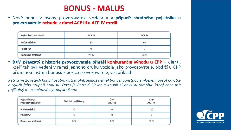 BONUS - MALUS • Nově bonus z osoby provozovatele vozidla = v případě shodného BONUS - MALUS • Nově bonus z osoby provozovatele vozidla = v případě shodného