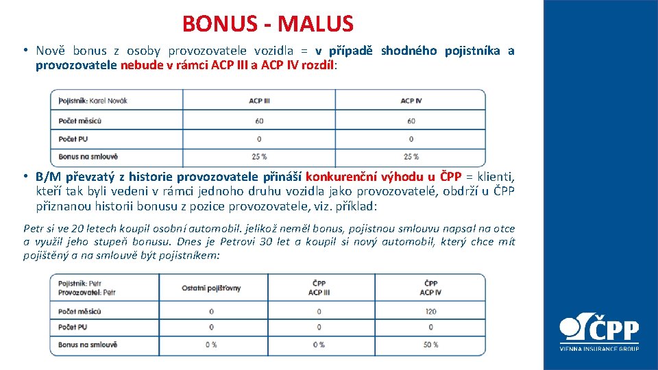 BONUS - MALUS • Nově bonus z osoby provozovatele vozidla = v případě shodného