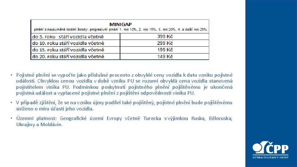 • Pojistné plnění se vypočte jako příslušné procento z obvyklé ceny vozidla k • Pojistné plnění se vypočte jako příslušné procento z obvyklé ceny vozidla k