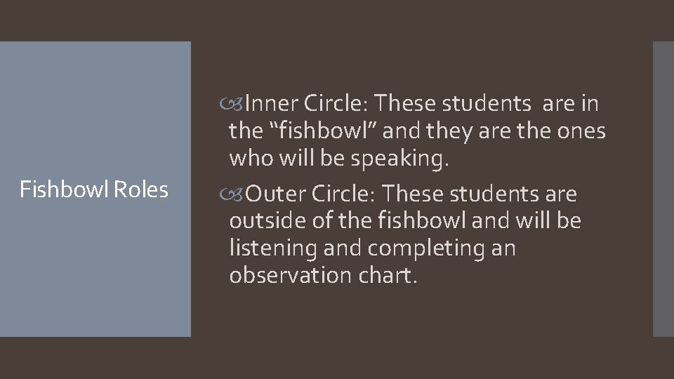 Fishbowl Roles Inner Circle: These students are in the “fishbowl” and they are the