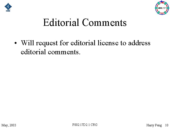 Editorial Comments • Will request for editorial license to address editorial comments. May, 2003