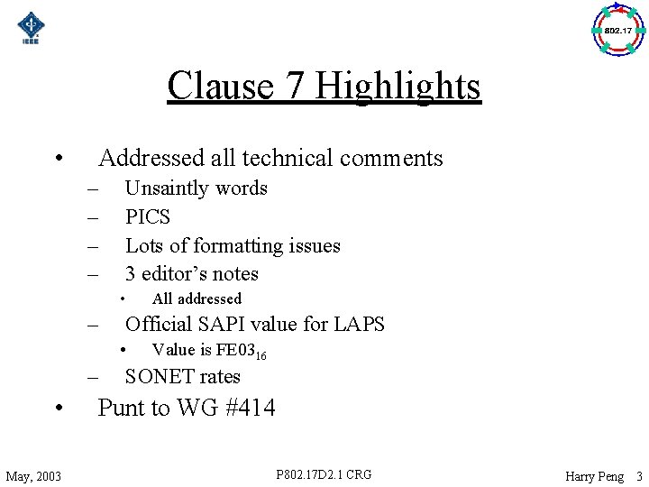 Clause 7 Highlights • Addressed all technical comments – – Unsaintly words PICS Lots