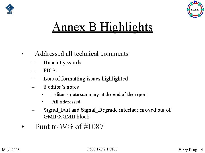 Annex B Highlights • Addressed all technical comments – – Unsaintly words PICS Lots