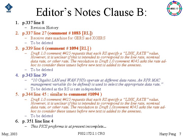 Editor’s Notes Clause B: 1. p. 337 line 8 – Revision History: 2. p.