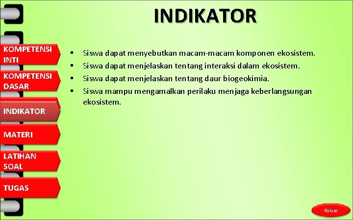 INDIKATOR KOMPETENSI INTI KOMPETENSI DASAR INDIKATOR § § Siswa dapat menyebutkan macam-macam komponen ekosistem.