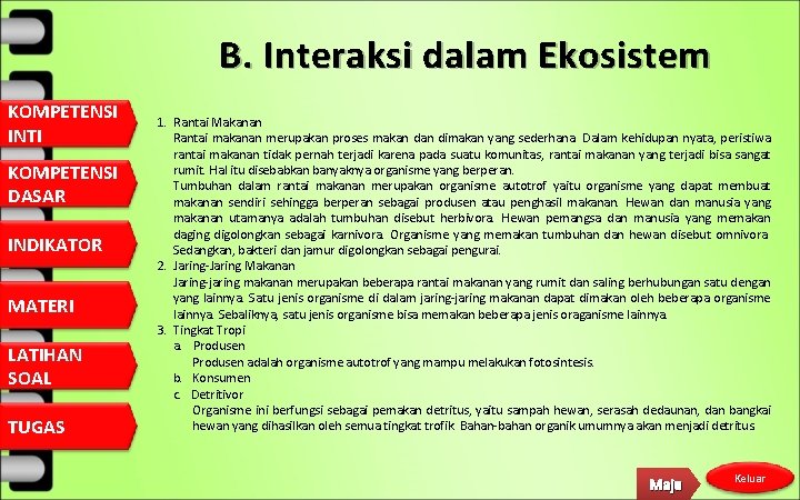 B. Interaksi dalam Ekosistem KOMPETENSI INTI KOMPETENSI DASAR INDIKATOR MATERI LATIHAN SOAL TUGAS 1.