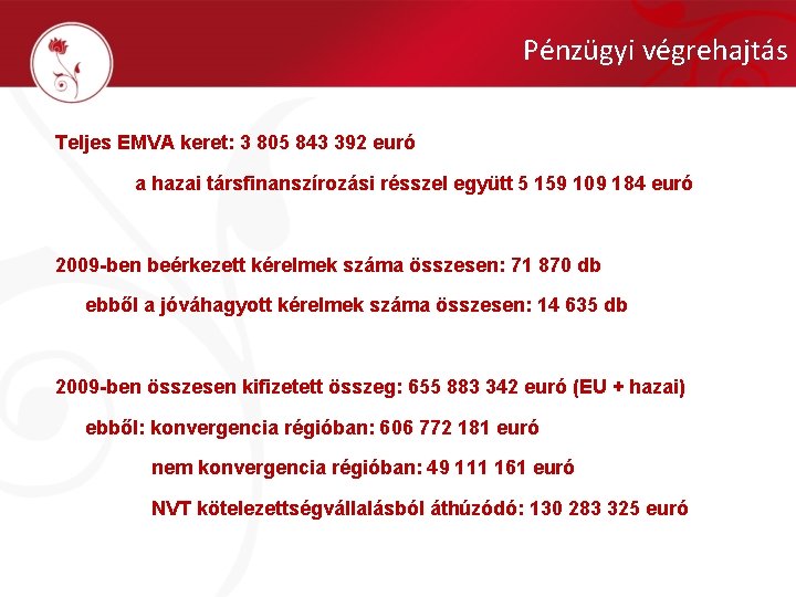 Pénzügyi végrehajtás Teljes EMVA keret: 3 805 843 392 euró a hazai társfinanszírozási résszel