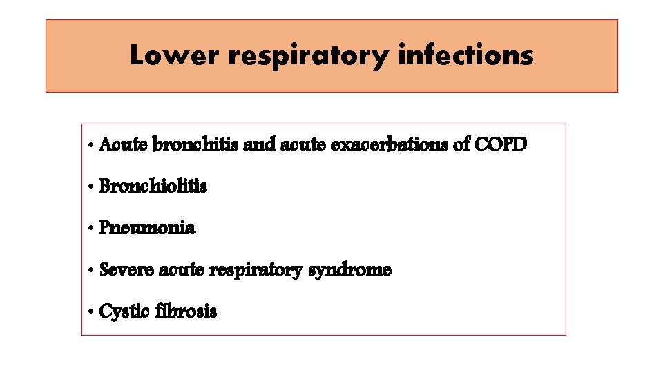 Lower respiratory infections • Acute bronchitis and acute exacerbations of COPD • Bronchiolitis •