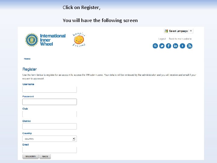 Click on Register, You will have the following screen 