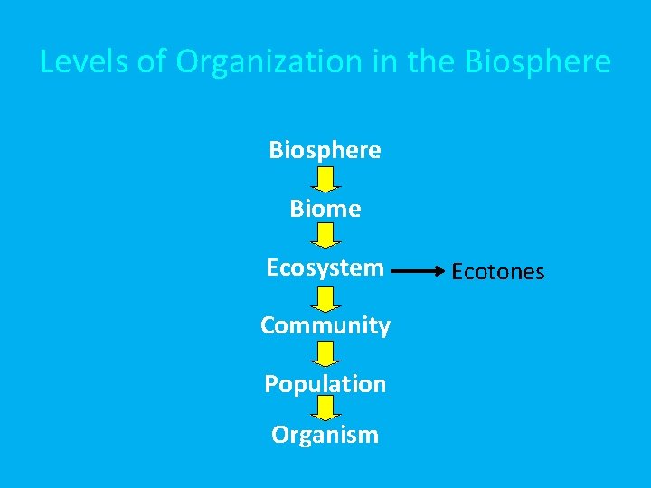 Levels of Organization in the Biosphere Biome Ecosystem Community Population Organism Ecotones 