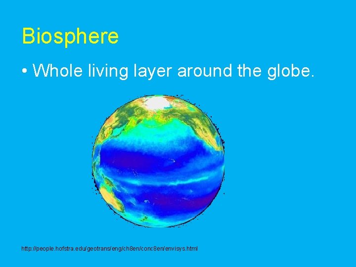 Biosphere • Whole living layer around the globe. http: //people. hofstra. edu/geotrans/eng/ch 8 en/conc