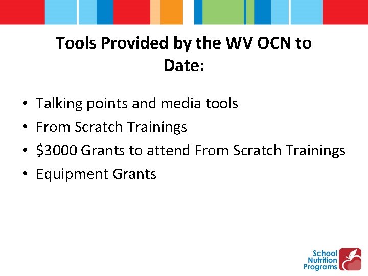 Tools Provided by the WV OCN to Date: • • Talking points and media