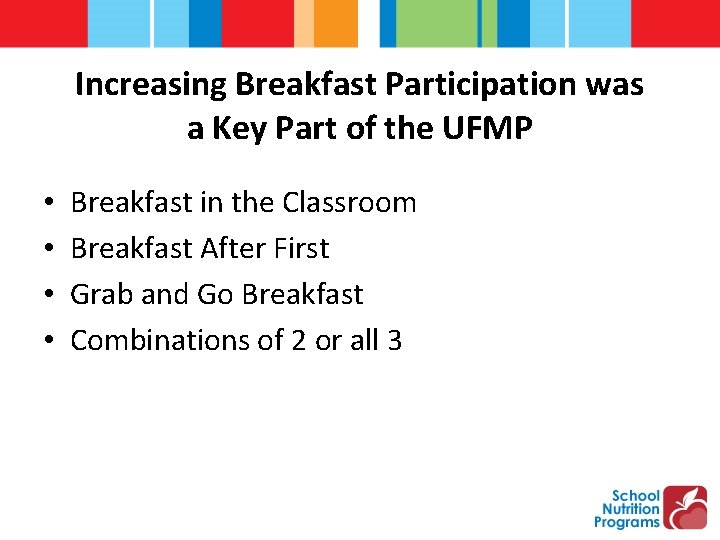 Increasing Breakfast Participation was a Key Part of the UFMP • • Breakfast in