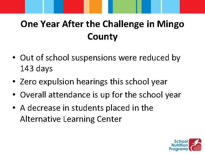 One Year After the Challenge in Mingo County • Out of school suspensions were
