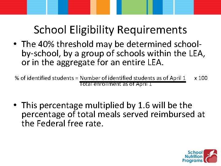 School Eligibility Requirements • The 40% threshold may be determined schoolby-school, by a group