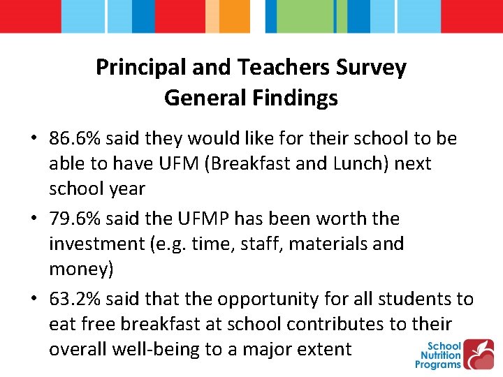 Principal and Teachers Survey General Findings • 86. 6% said they would like for