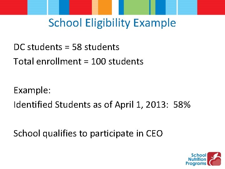 School Eligibility Example DC students = 58 students Total enrollment = 100 students Example: