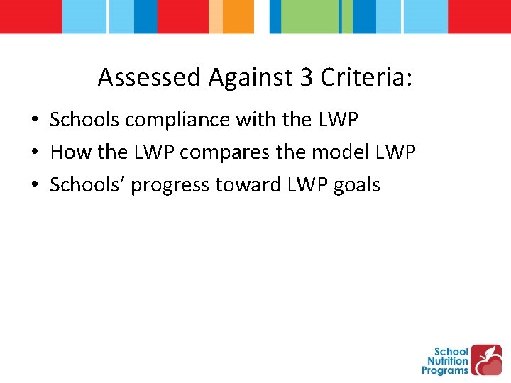 Assessed Against 3 Criteria: • Schools compliance with the LWP • How the LWP