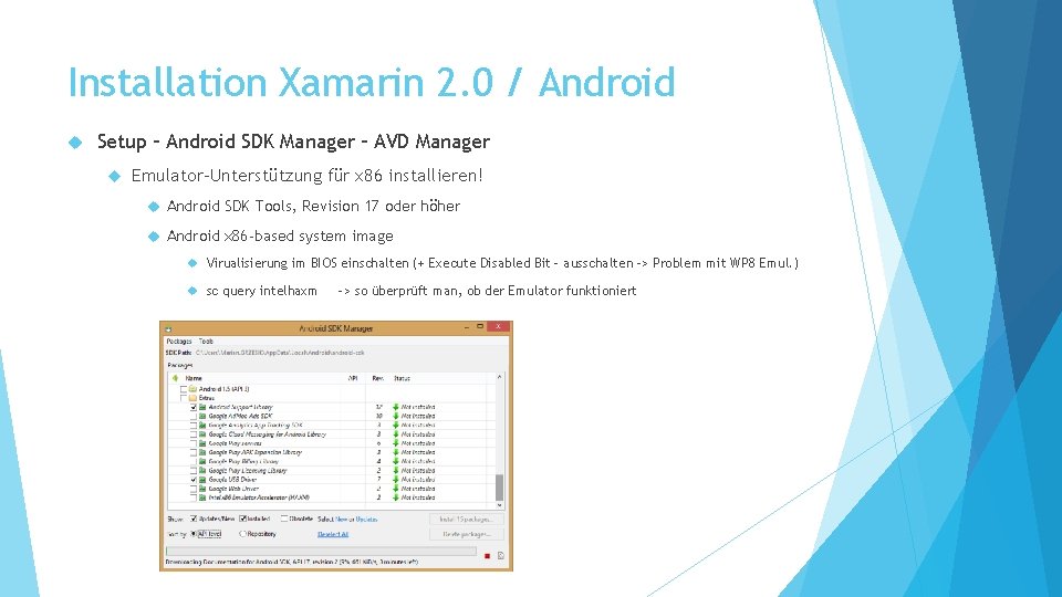 Installation Xamarin 2. 0 / Android Setup – Android SDK Manager – AVD Manager