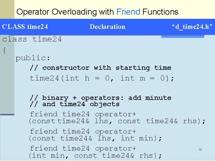 Operator Overloading with Friend Functions CLASS time 24 Declaration “d_time 24. h” class time