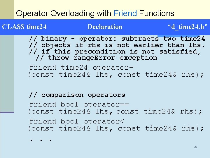 Operator Overloading with Friend Functions CLASS time 24 Declaration “d_time 24. h” // binary