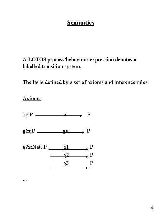 Semantics A LOTOS process/behaviour expression denotes a labelled transition system. The lts is defined