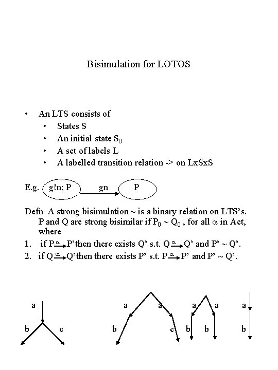 Bisimulation for LOTOS • An LTS consists of • States S • An initial
