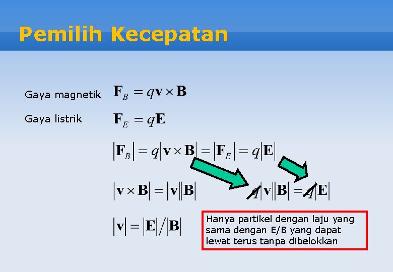 Pemilih Kecepatan Gaya magnetik Gaya listrik Hanya partikel dengan laju yang sama dengan E/B