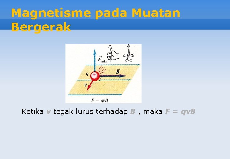 Magnetisme pada Muatan Bergerak Ketika v tegak lurus terhadap B , maka F =