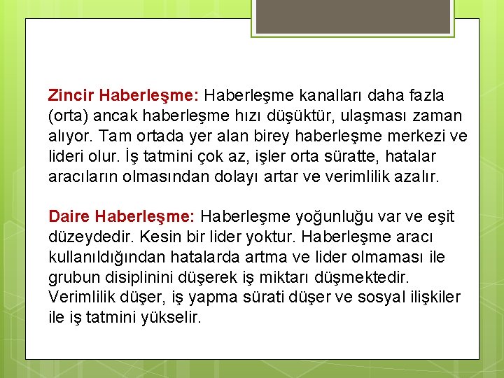 Zincir Haberleşme: Haberleşme kanalları daha fazla (orta) ancak haberleşme hızı düşüktür, ulaşması zaman alıyor.