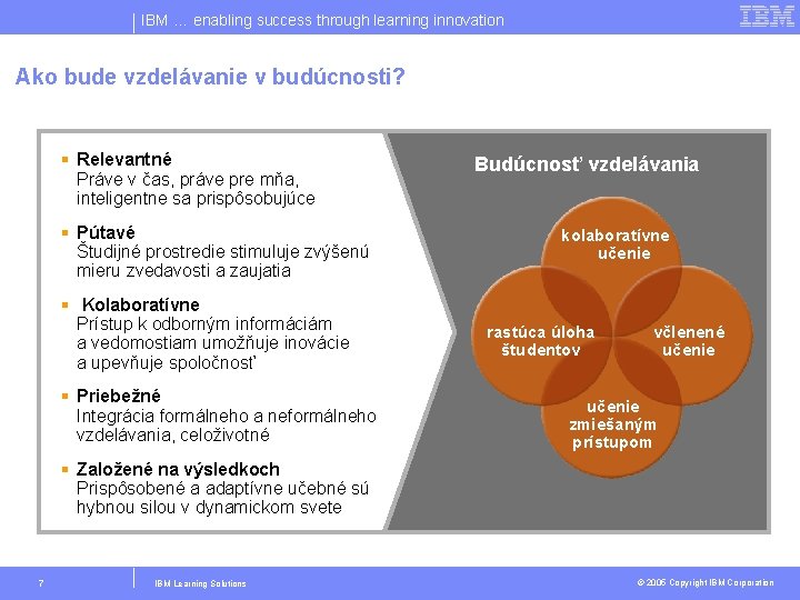 IBM … enabling success through learning innovation Ako bude vzdelávanie v budúcnosti? § Relevantné