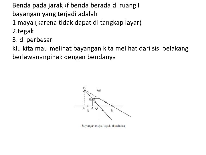 Benda pada jarak ‹f benda berada di ruang I bayangan yang terjadi adalah 1