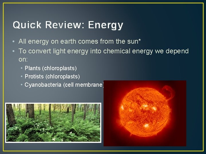 Quick Review: Energy • All energy on earth comes from the sun* • To