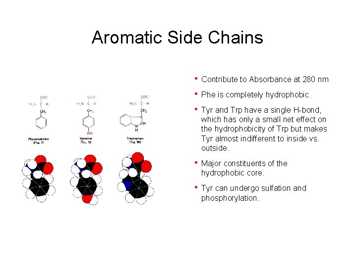 Aromatic Side Chains • Contribute to Absorbance at 280 nm • Phe is completely