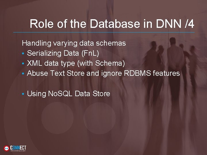 Role of the Database in DNN /4 Handling varying data schemas • Serializing Data Role of the Database in DNN /4 Handling varying data schemas • Serializing Data