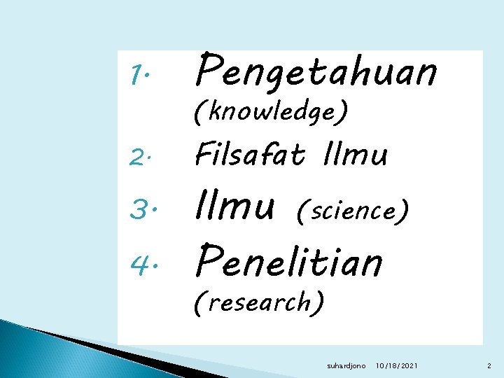 1. Pengetahuan 2. Filsafat Ilmu 3. 4. (knowledge) Ilmu (science) Penelitian (research) suhardjono 10/18/2021