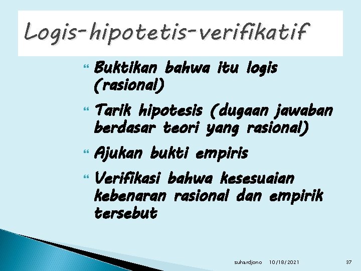 Logis-hipotetis-verifikatif Buktikan bahwa itu logis (rasional) Tarik hipotesis (dugaan jawaban berdasar teori yang rasional)